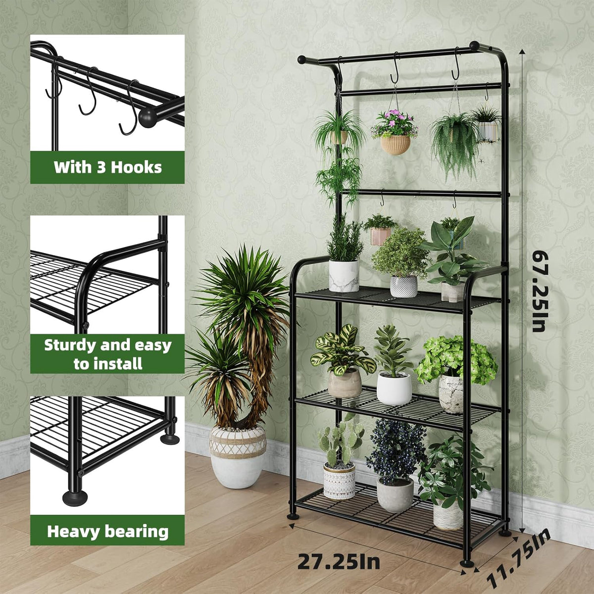 Plant Stand Outdoor Indoor, Metal 3 Tiered Tall Hanging Plant Shelf Heavy Duty for Multiple Flower