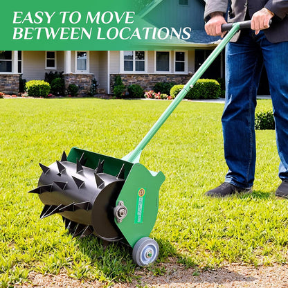 Rolling Lawn Aerator, Heavy Duty Push Spike Aeration Tool Up to 55 lbs, Manual Rotary Grass Aerator