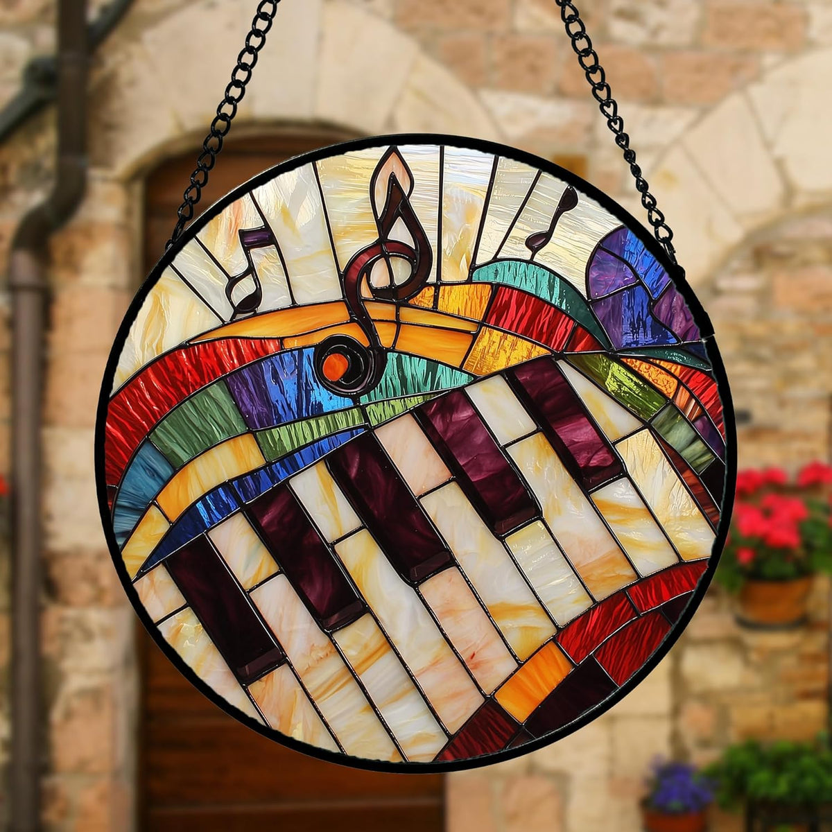 Stained Glass Window Hanging, Piano Notes Sun Catchers Glass Panel Suncatcher Decor for Birthday