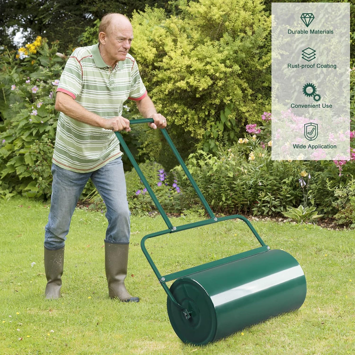Outvita Lawn Roller, 13 Gallons Water and Sand Filled Garden Drum Roller with U Shaped Handle Tow