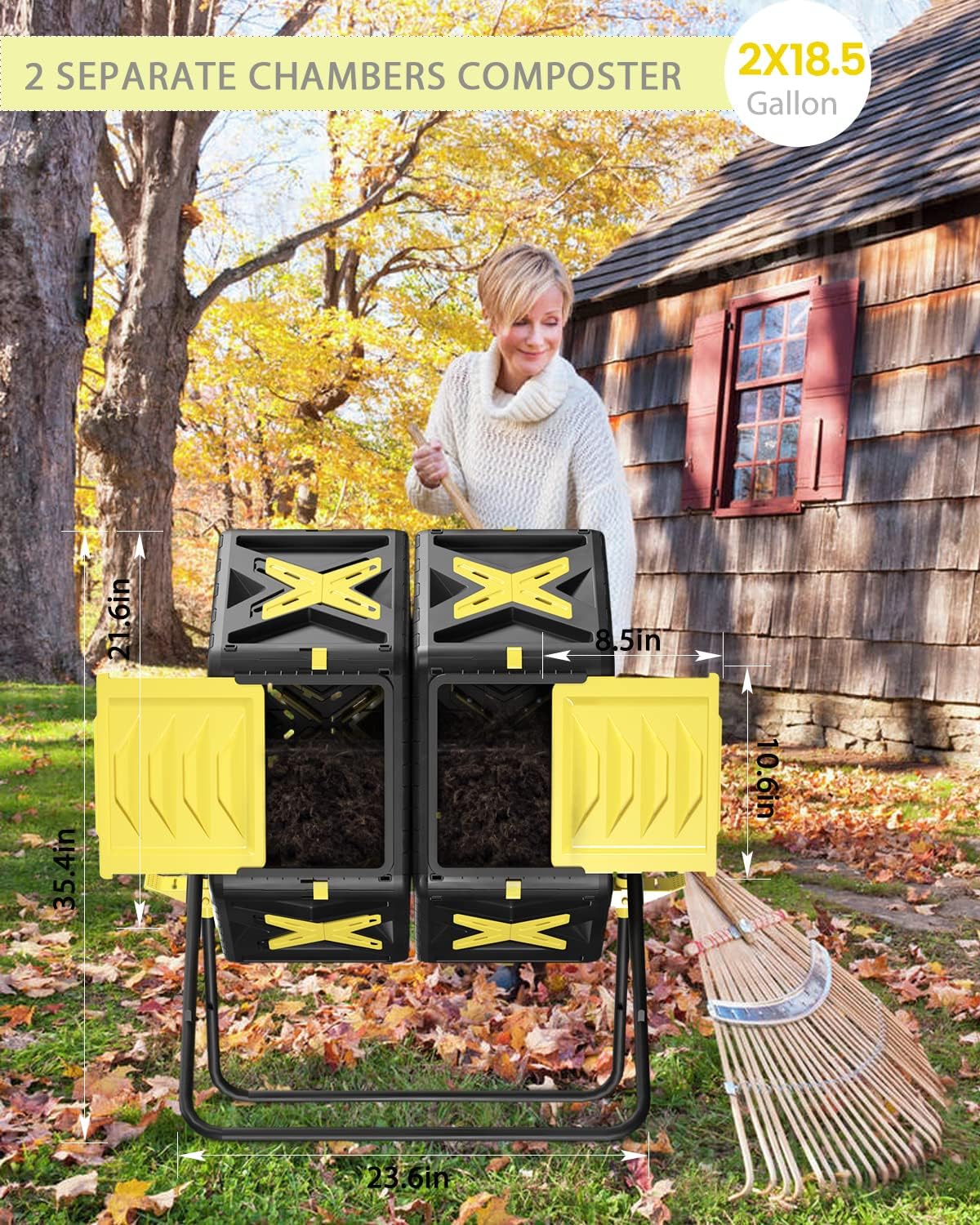 Compost Bin Outdoor - 2 X 18.5 Gal Dual Chamber Compost Tumbler,BPA Free Outdoor Rotating Composter