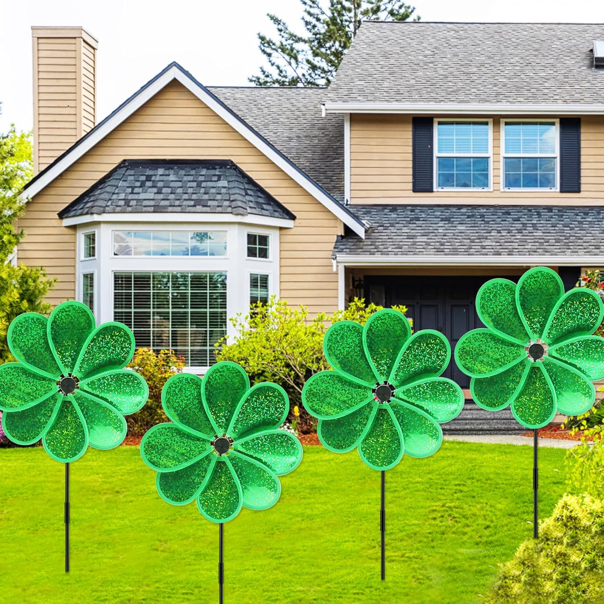 4PCS Flower Wind Spinner Sparkly Lawn Pinwheel 11.8 inch Green Garden Windmill for Christmas