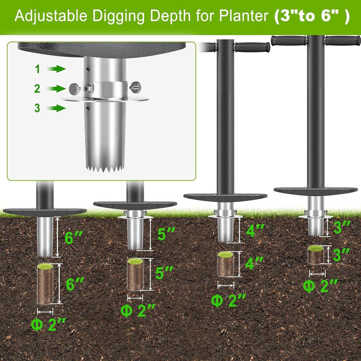 Dolibest 3-in-1 Sod Plugger & Bulb Planter Tool - Depth Adjust (3-6'') Stainless Steel Sharp