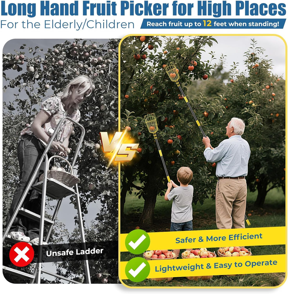 Fruit Picker Pole Tool – Ladder-Free Harvesting Aid, Safe for Elderly and Children, Durable