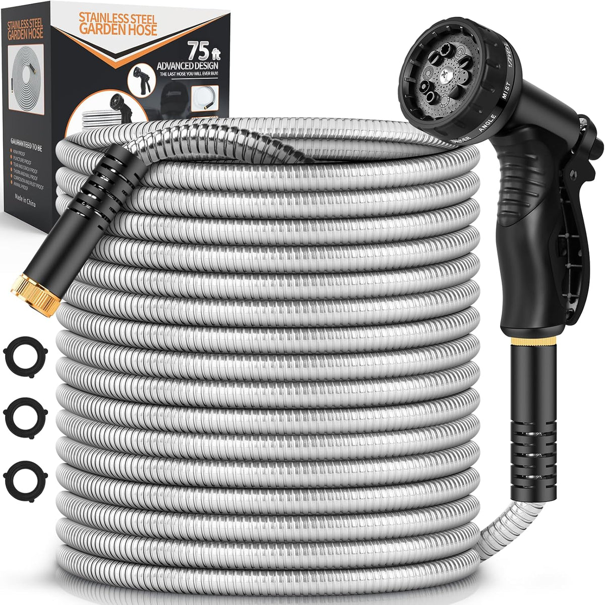 Garden Hose Metal 75FT, Stainless Steel Heavy Duty Water Hose With 10 Function Nozzle, No-Kink
