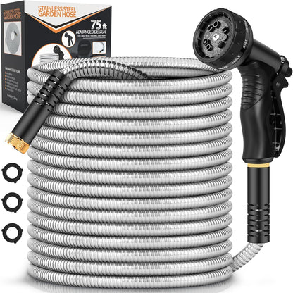 Garden Hose Metal 75FT, Stainless Steel Heavy Duty Water Hose With 10 Function Nozzle, No-Kink