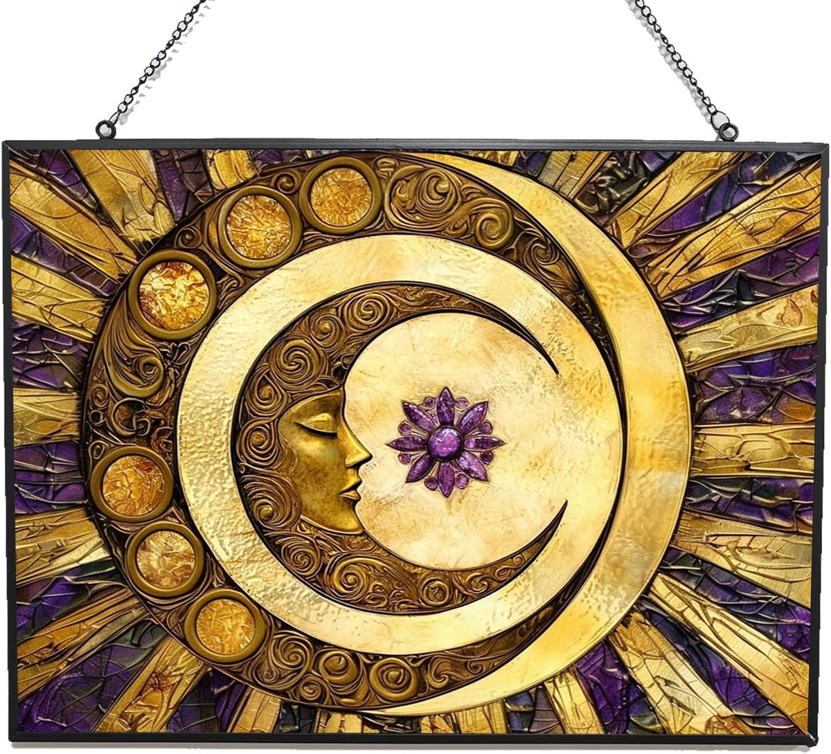 Rectangle Sun and Moon Suncatcher Indoor/Outdoor Stained Glass Window Hanging Handmade Suncatchers