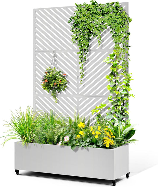 Metal Raised Garden Bed with Trellis, 2-in-1 Planter Box & Privacy Screen for Climbing Plants