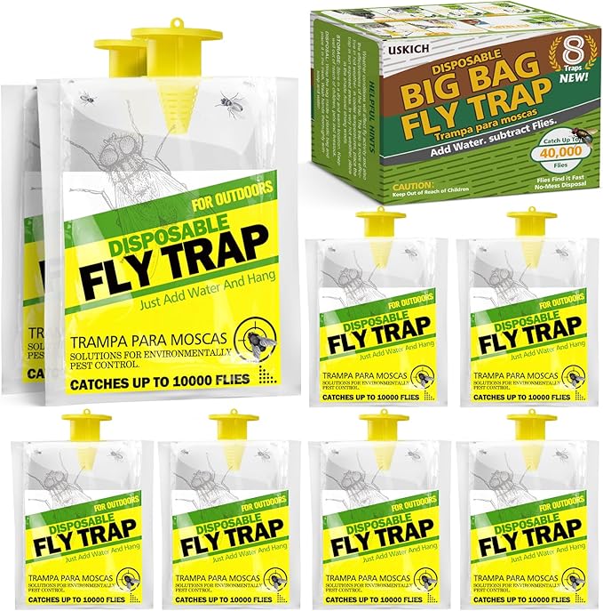 8 Pack Outdoor Hanging Fly Traps, Disposable Flies Killer Trap Bag Catcher with Natural Attractant