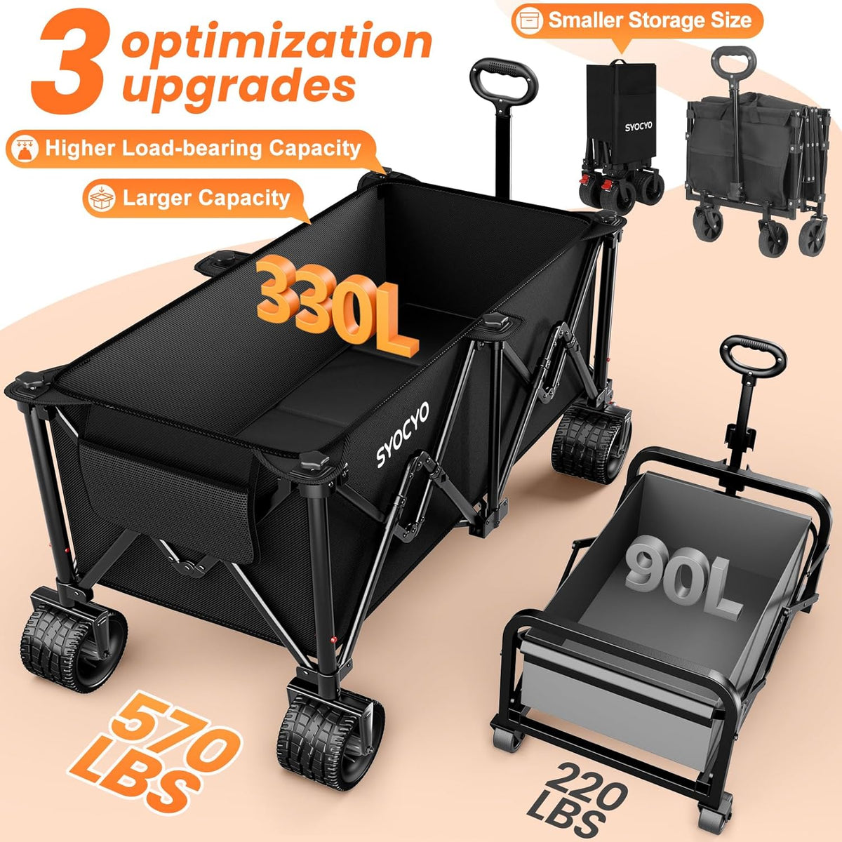 Collapsible Wagon Carts 570LBS Weight Capacity Foldable Beach Wagon with Big All-Terrain Wheels