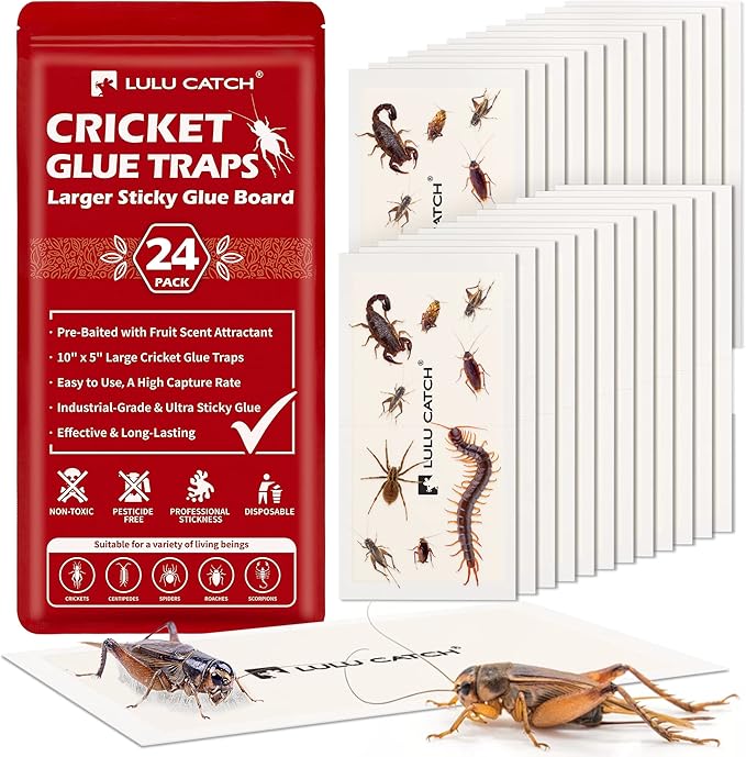 LULUCATCH Cricket & Insect Glue Traps 24 Pack, Adhesive Bug Catcher, Pre-Baited Spider Scorpion