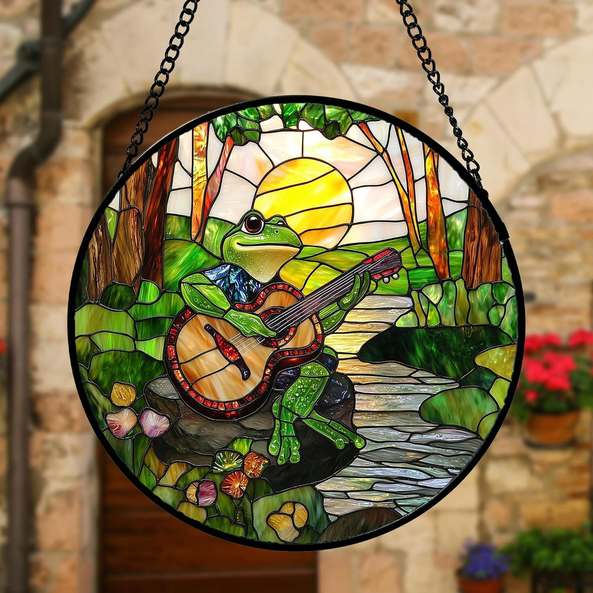Stained Glass Window Hanging, Frog Playing Guitar Suncatcher Diamond Glass Panel Funny Sun Catchers