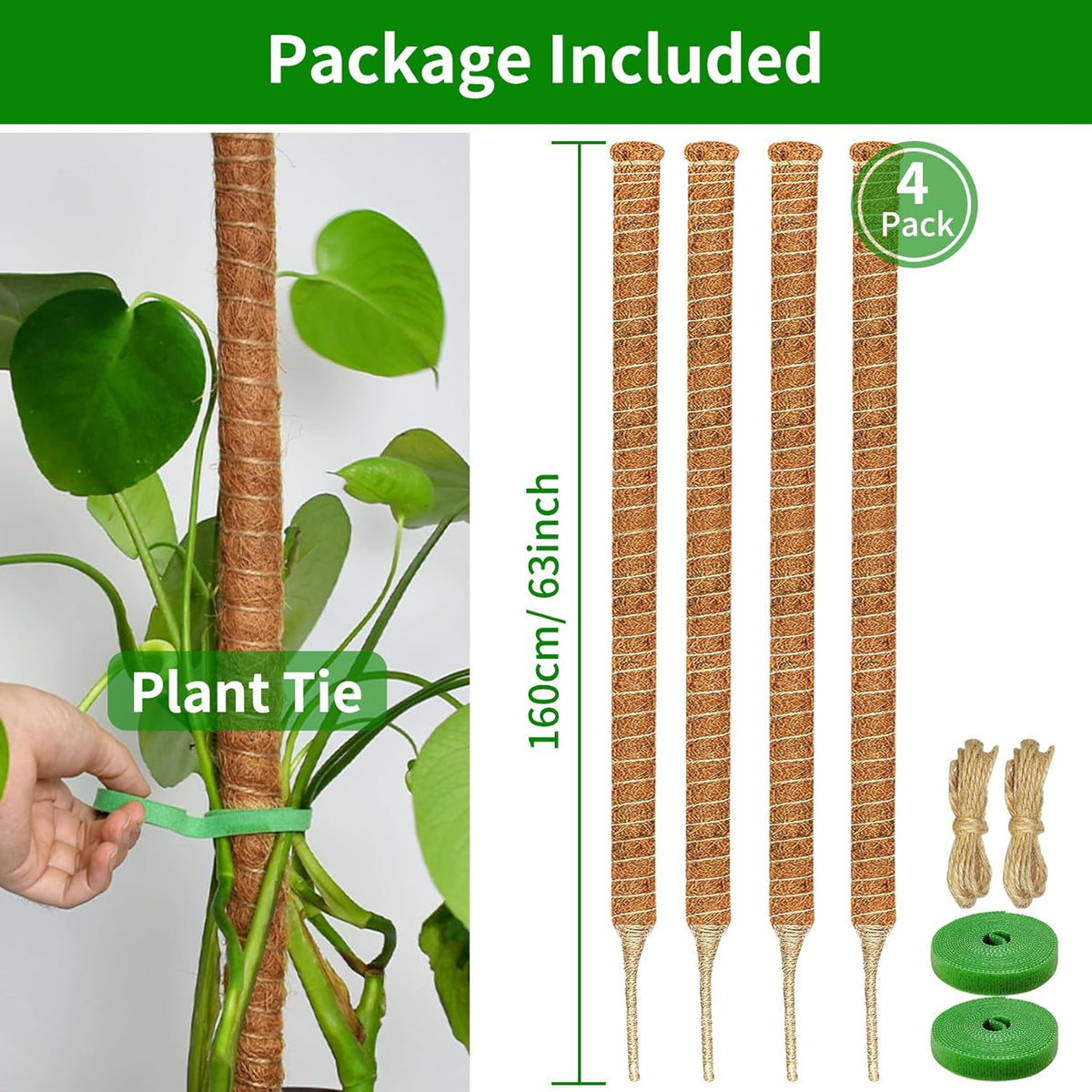 4 Pack Moss Pole, 63-Inch Moss Poles for Plants Monstera,Bendable Plant Support Stakes for Climbing