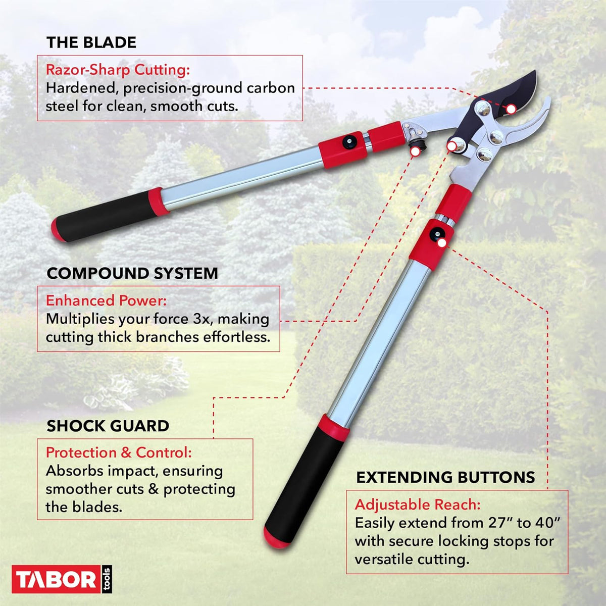 TABOR TOOLS GG21A Extendable Bypass Lopper with Compound Action, 27-40 Inch Telescopic Tree