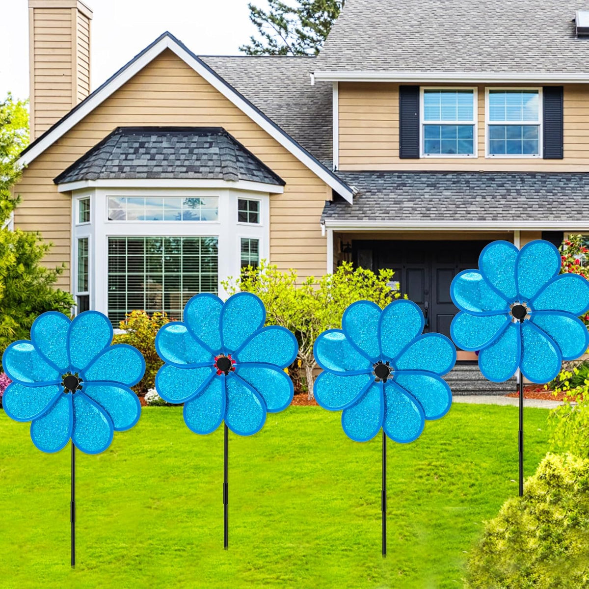 4PCS Flower Wind Spinner Sparkly Lawn Pinwheel 11.8 inch Blue Garden Windmill for Garden, Party