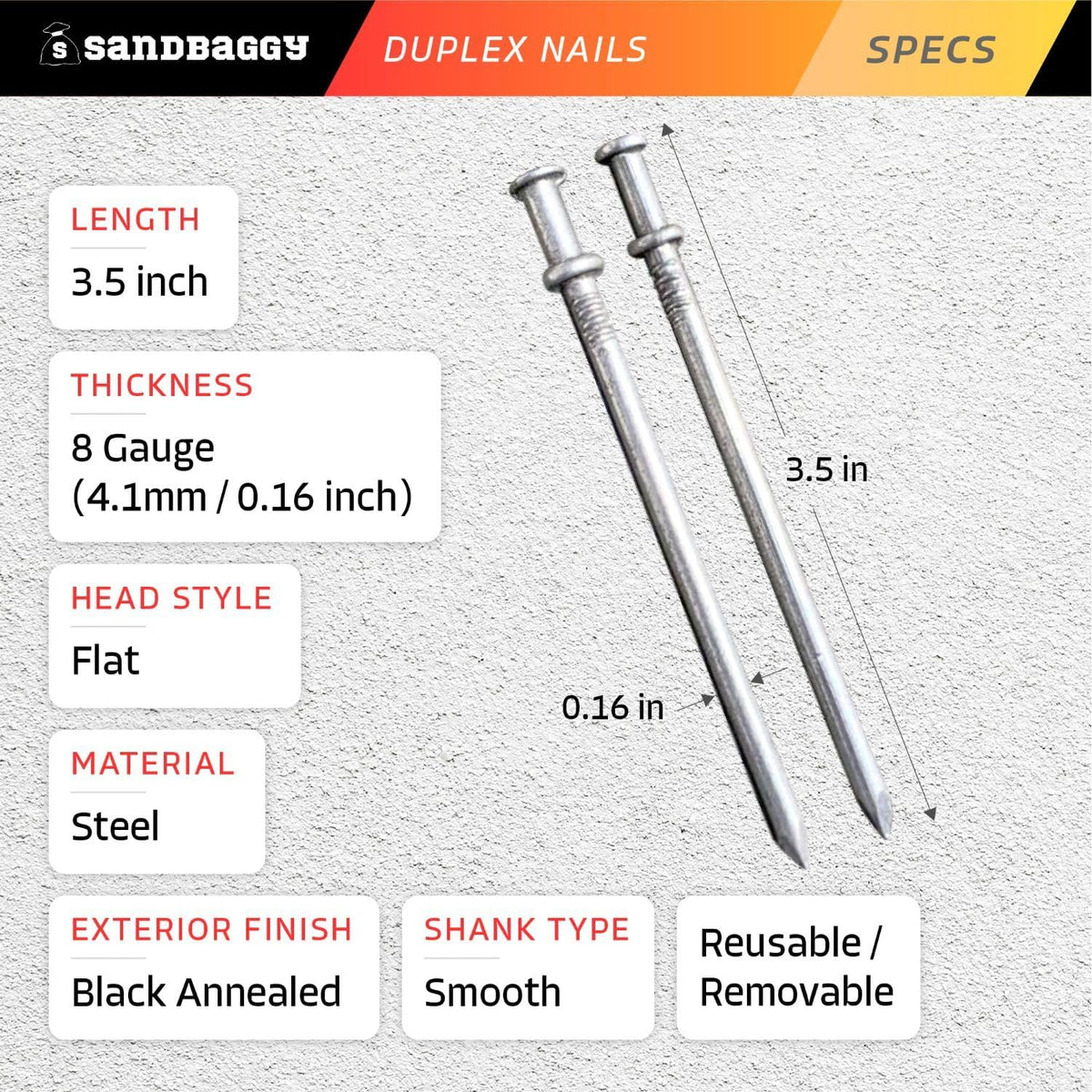 Sandbaggy 16d Duplex Nails (3.5" Long) - Temporary Construction, Concrete Forms, Scaffolding - 8