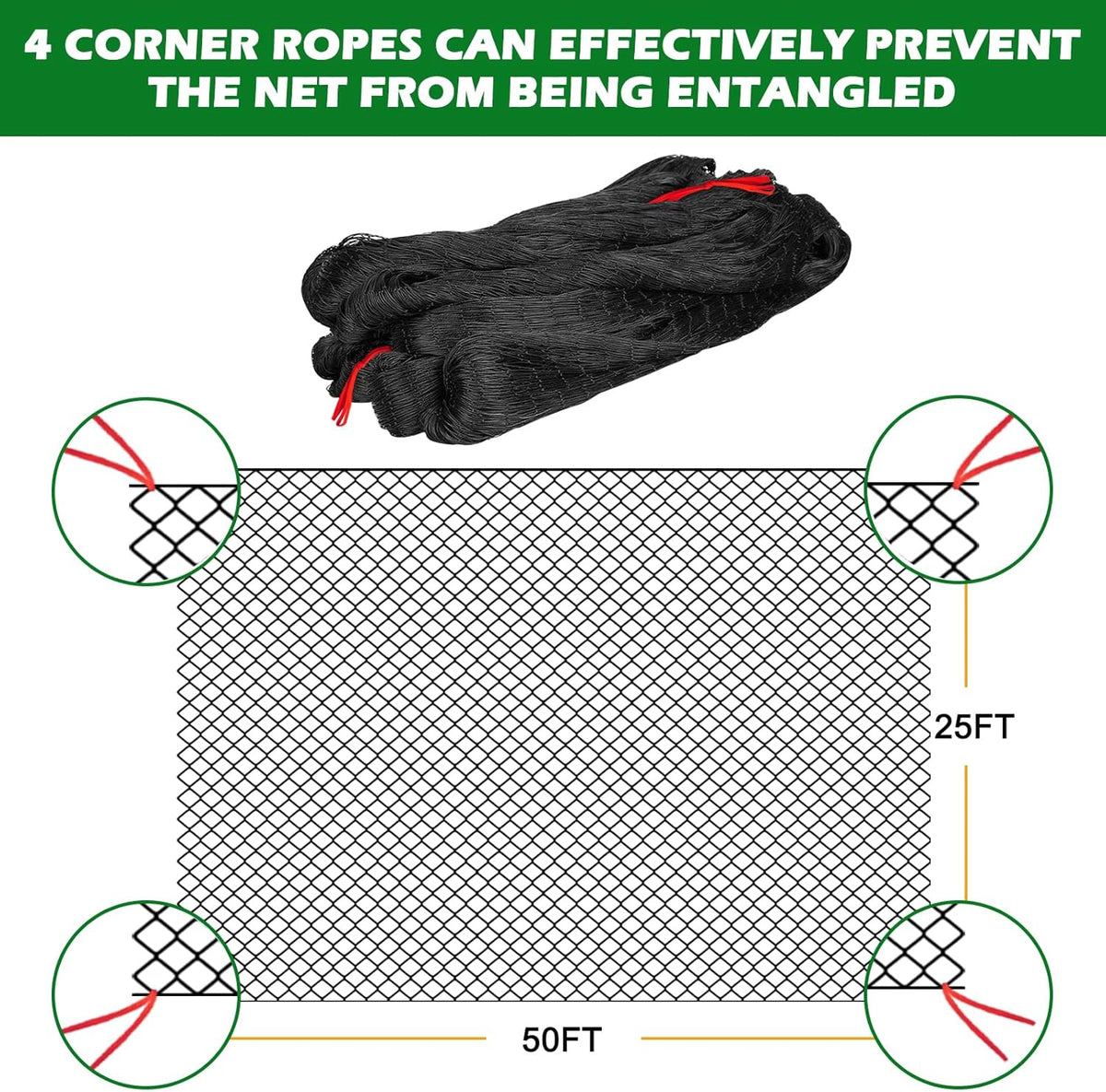 Bird Netting 25'x50' with 2" Mesh Garden Net with Bird Scare Tape, Avian Nettings for Chicken Coop