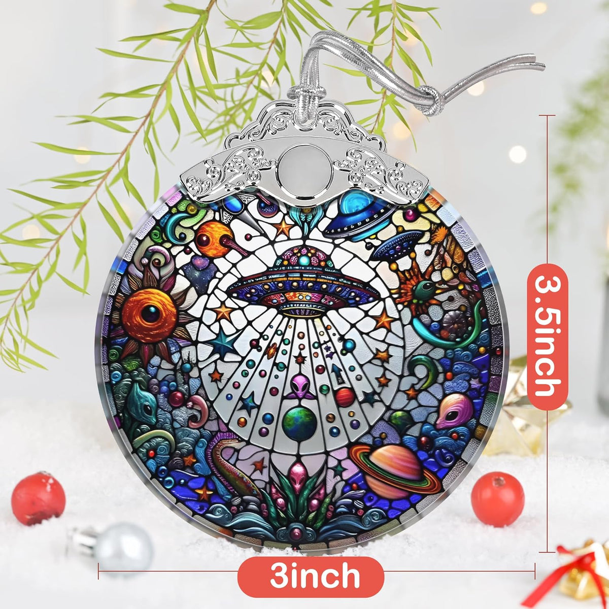 UFO Alien Stained Glass Ornament, Christmas Ornaments, Christmas Tree Decorations, UFO Alien