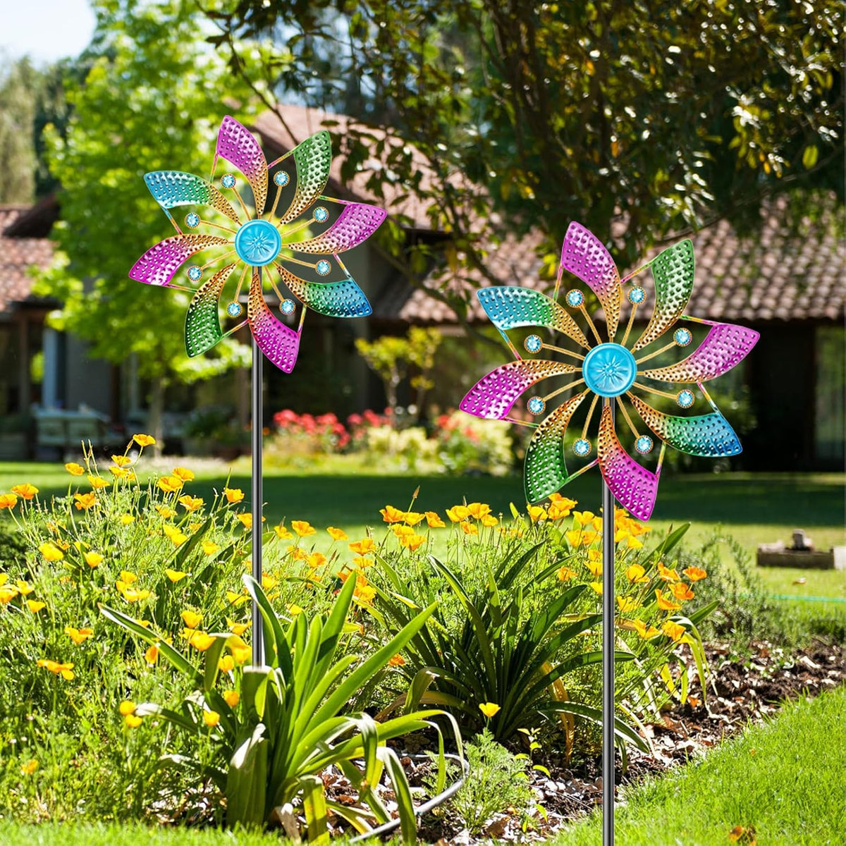 Colorful Outdoor Wind Spinner, Kinetic Small Garden Windmill with Stake, Geometric Metal Pinwheels