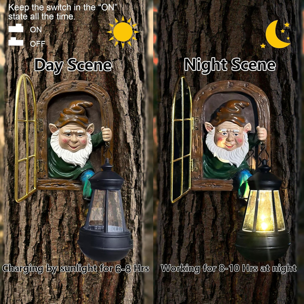 Fairy Garden Statues Gnomes Solar Lantern - Halloween Elf Out The Door Tree Hugger Figurines Fence