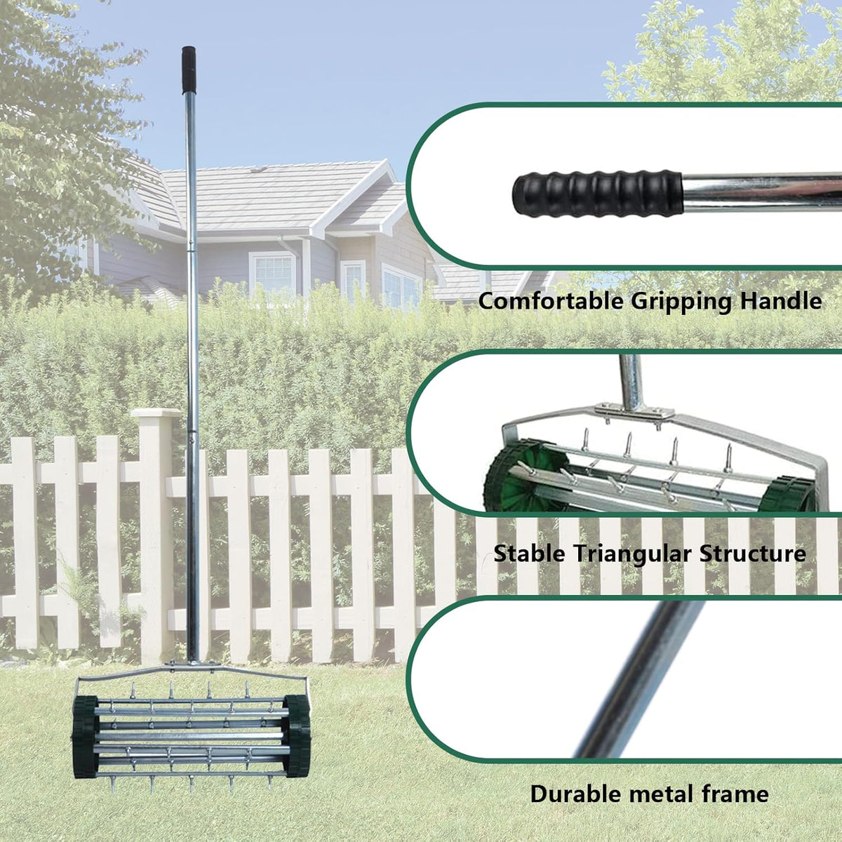 16-Inch Heavy Duty Rolling Lawn Aerator With Sharp Spikes & Anti-Slip Handle - Push Aerator for