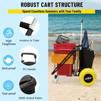 Beach Fishing Cart, 13” Big Balloon Wheels w/Flat-Free Solid PU Tires for Sands, 165LBS Loading