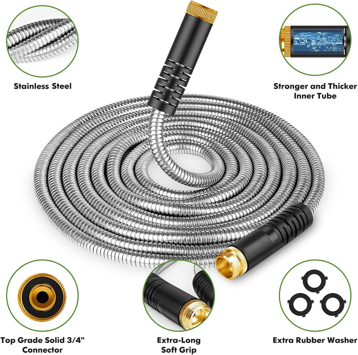 Garden Hose 75ft, Stainless Steel Heavy Duty Water Hose with 10 Function Nozzle Flexible