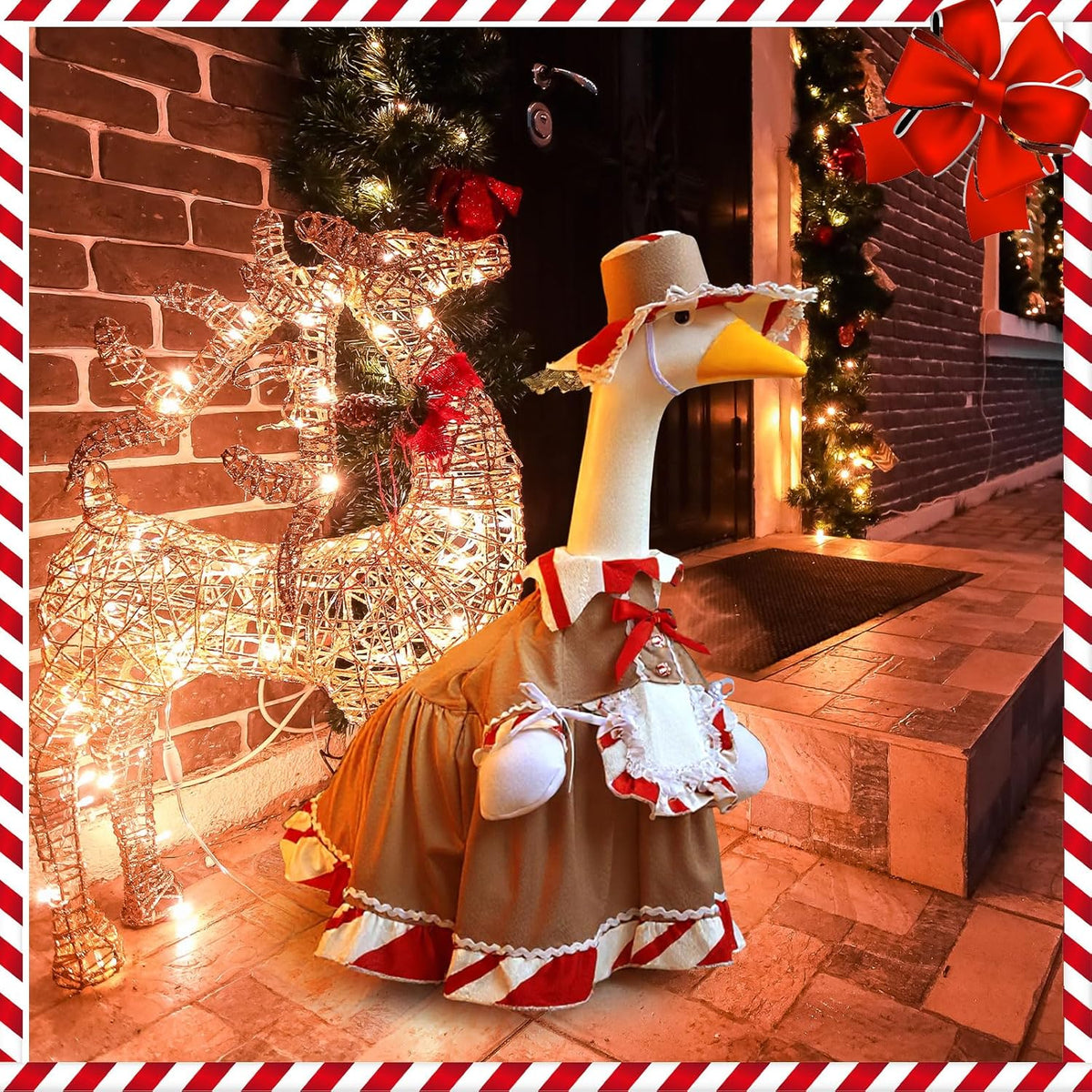 Christmas Gingerbread Porch Goose Outfit 23 Inch Red White Candy Goose Clothes for Cement or