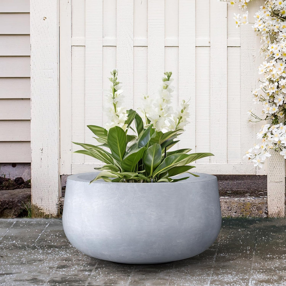 Kante 15.7" Dia Round Concrete Planter, Outdoor Indoor Garden Plant Pots with Drainage Hole and
