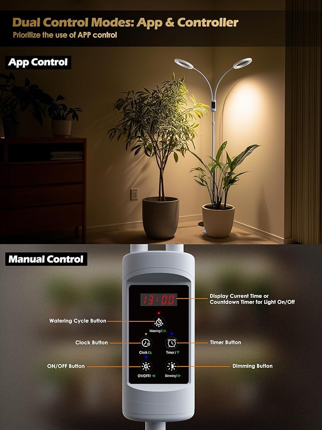 Smart Grow Lights for Indoor Plants,48W 2-Head Plant Light with Auto-Timer, Full Spectrum LED Grow