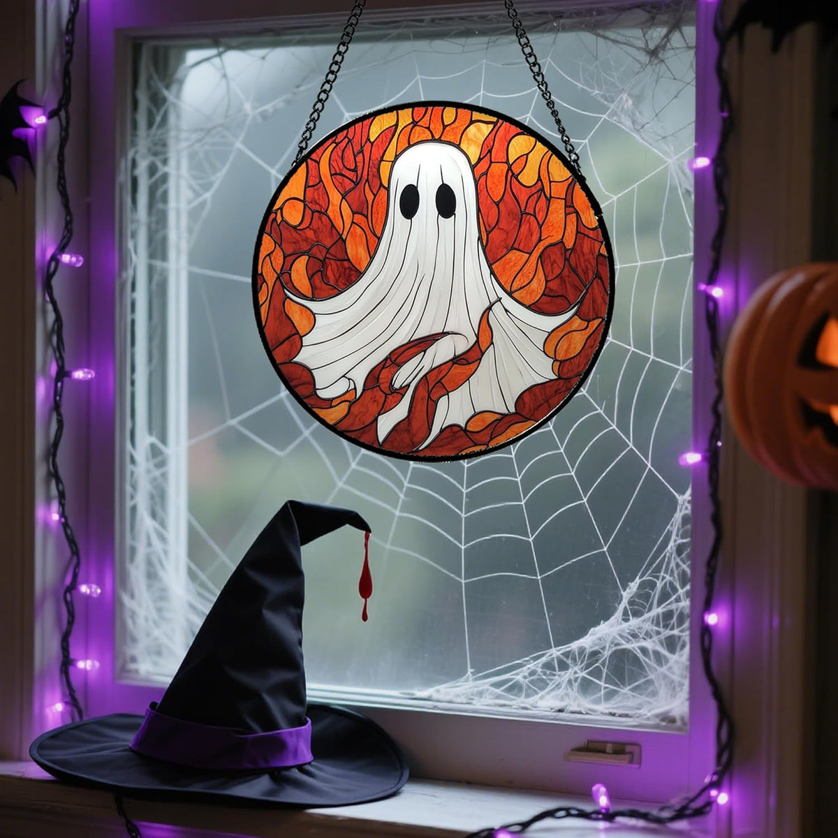 Stained Glass Window Hanging - Halloween Decorations White Ghost Orange Sky Suncatcher for Doors