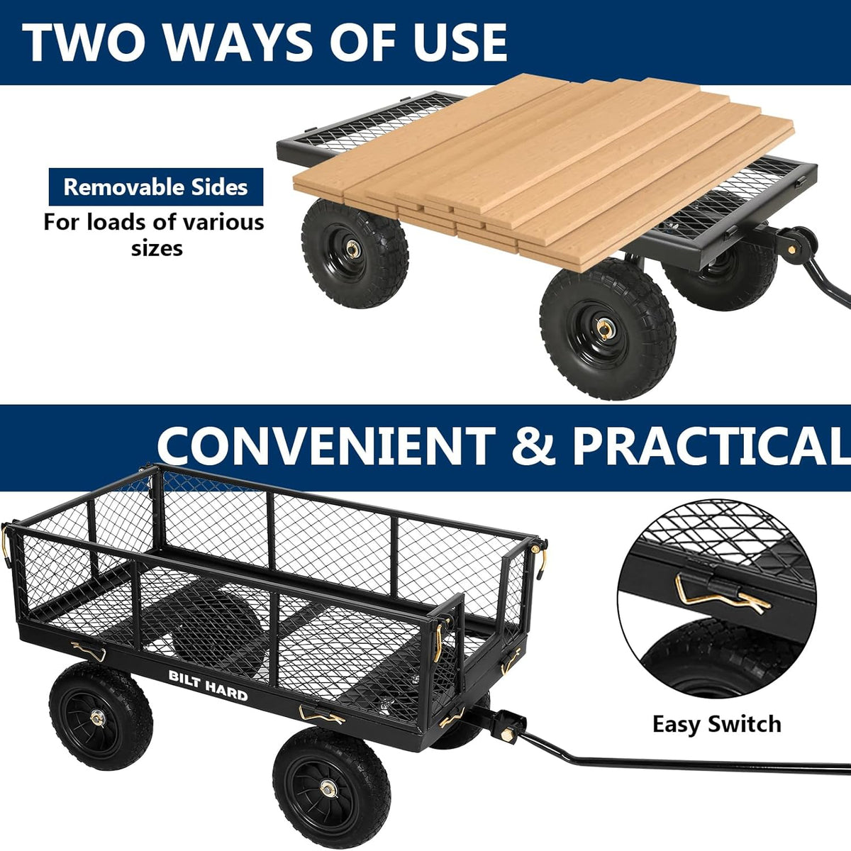 BILT HARD 10" Flat Free Tires Heavy Duty Garden Cart with 180° Rotating Handle and Removable Sides