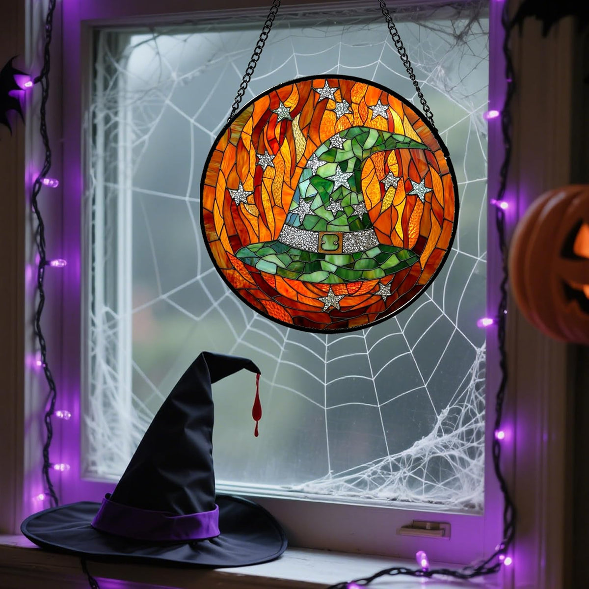 Stained Glass Window Hanging - Halloween Decorations Witch Hat Suncatcher for Doors Garden Indoor
