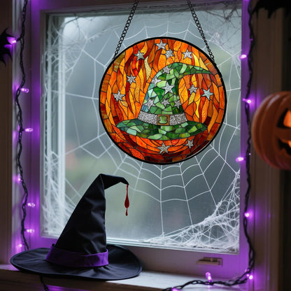 Stained Glass Window Hanging - Halloween Decorations Witch Hat Suncatcher for Doors Garden Indoor