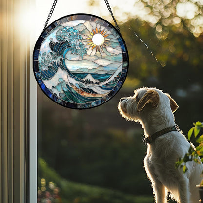 Stained Glass Window Hanging - White Sun Big Wave Suncatcher for Door Terrace Garden Home Decor