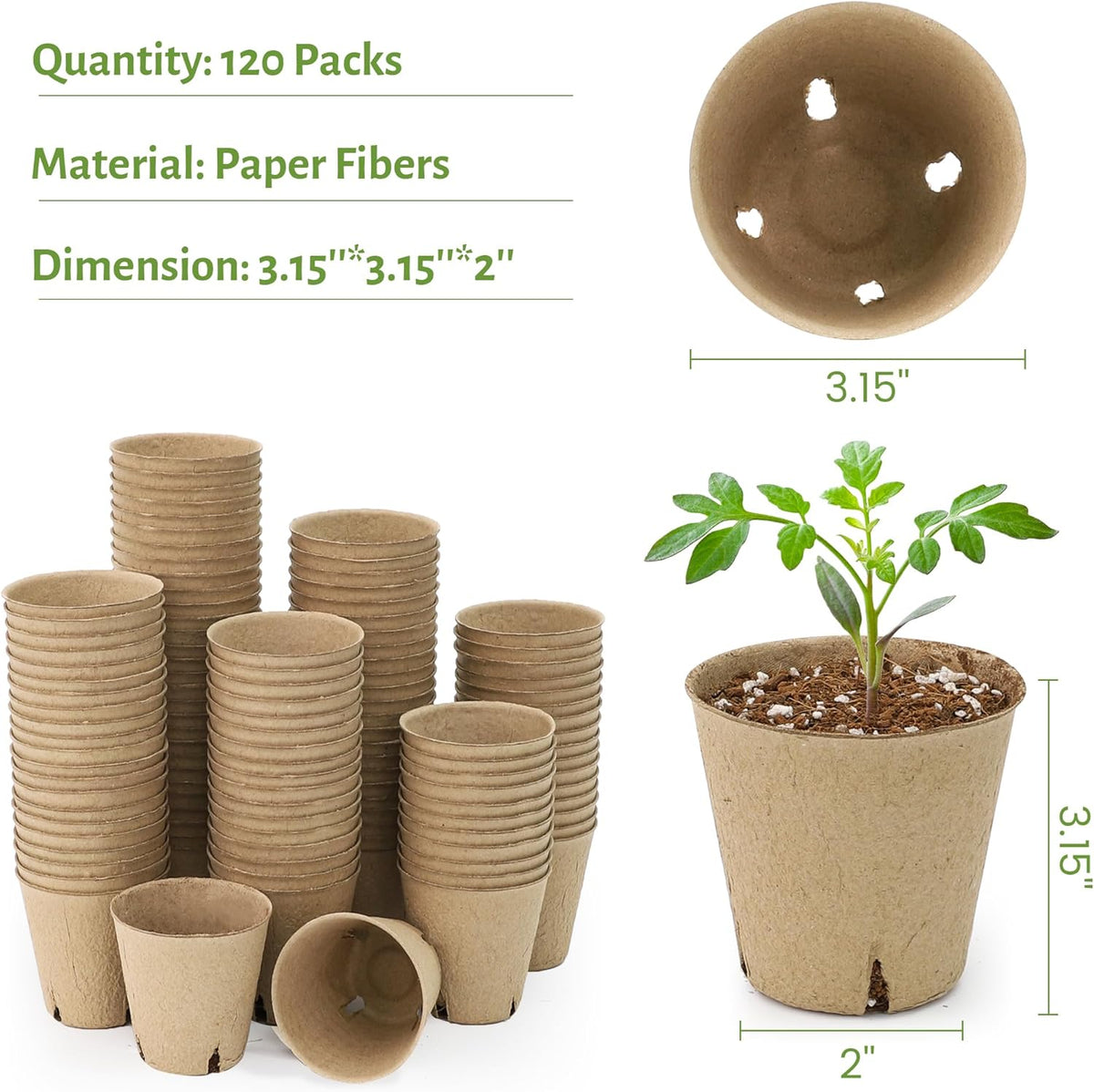 120 Packs 3.15 Inch Peat Pots, Biodegradable Pots for Seedlings with Drainage Holes, Herb Seed