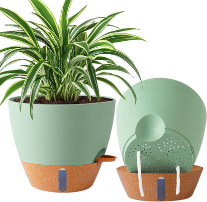 2 Pack 10 inch Plant Pots, Plastic Self Watering Planters with Drainage Holes, Deep Reservoir