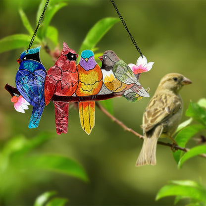 Stained Glass Window Hanging - Large Suncatcher Stained Glass Birds on Branch, Sun Catchers for