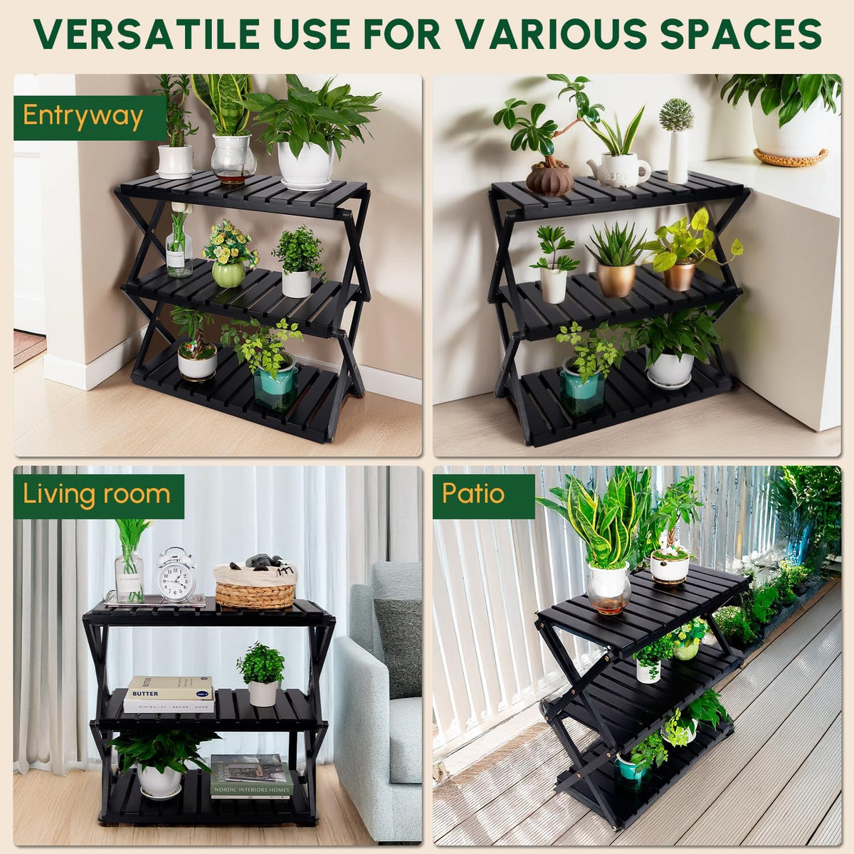 BEEFURNI Acacia Stand Indoor, Wooden Outdoor Plant Stand, Foldable Corner, 3 Tier Plant Stand, Easy