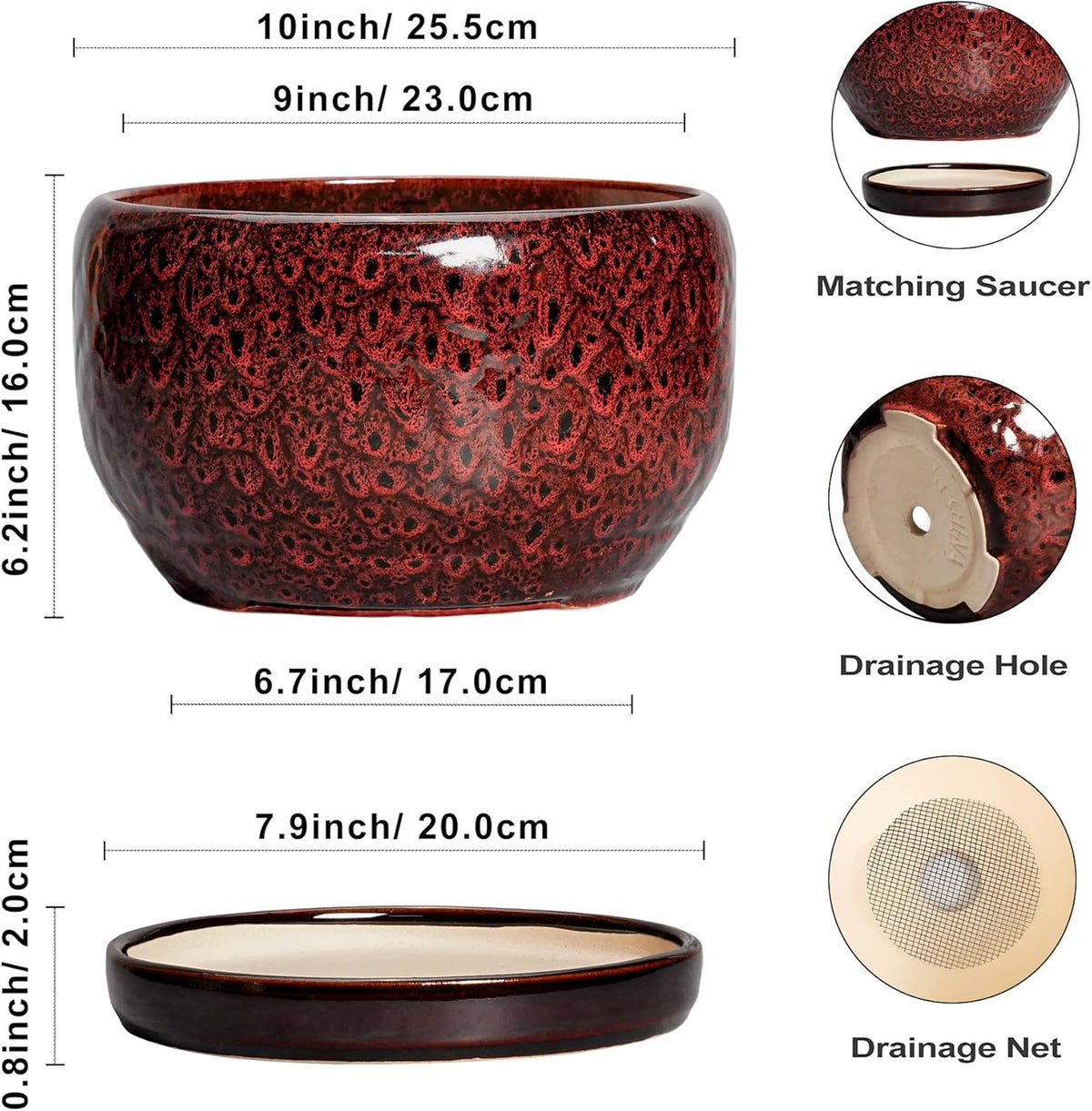 SQOWL Ceramic Flower Pots - 10 Inch Plant Pot Indoor, Ceramic Planter with Drainage Hole and
