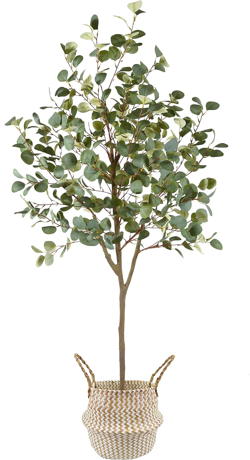 Artificial Eucalyptus Tree, 6ft Tall Fake Eucalyptus Plant with Basket, Green Silver Dollars Silk