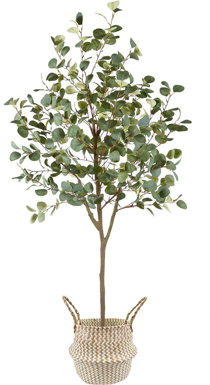 Artificial Eucalyptus Tree, 6ft Tall Fake Eucalyptus Plant with Basket, Green Silver Dollars Silk