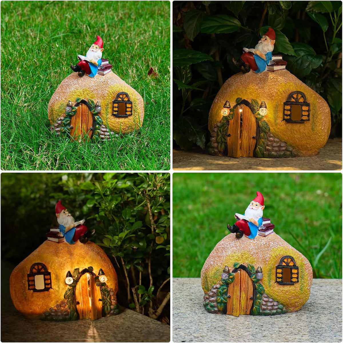 mopha Garden House Statues, Funny Gnome Fairy Garden Lights Figurine,Resin Solar Powered Outdoor