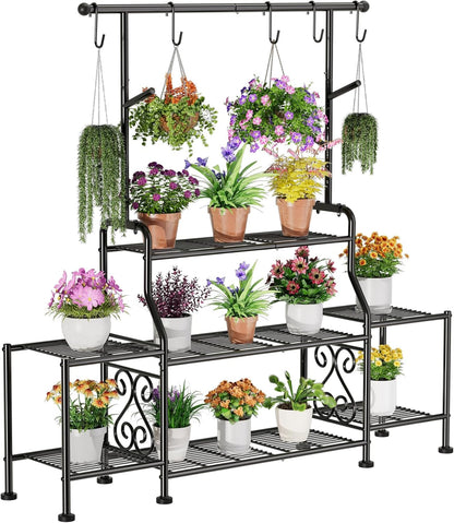 GIOTORENT 3-Tier Tall Metal Plant Stand Indoor Outdoor - Heavy Duty Plant Shelf for Garden, Patio