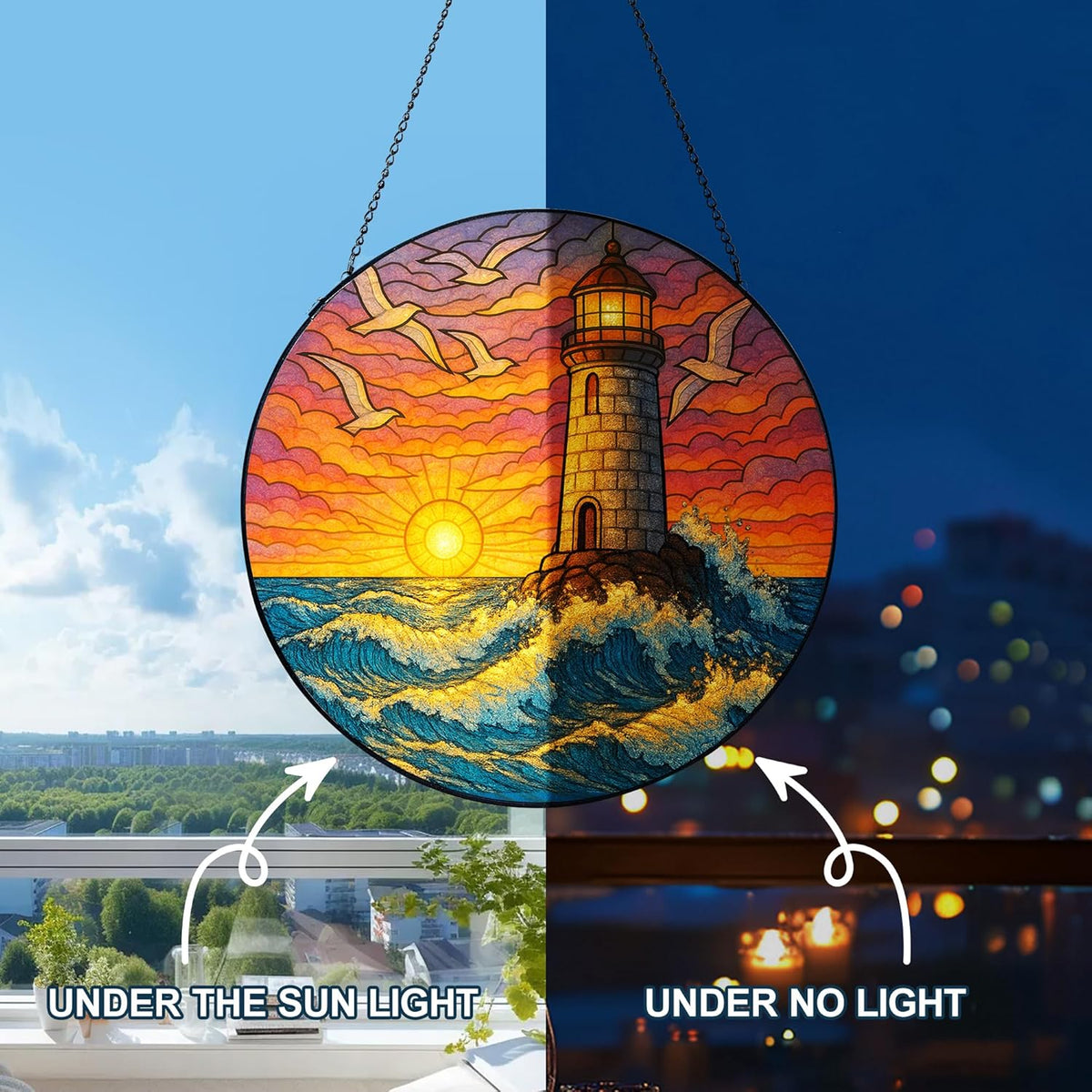 Stained Glass Window Hanging,Lighthouse Sun Catchers Stained Glass Panels for Indoor Windows Wall