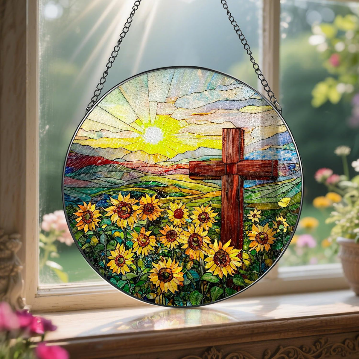 Cross Stained Glass Sun Catcher, Stained Glass Window Hanging, 8 Inch Suncatchers for Windows