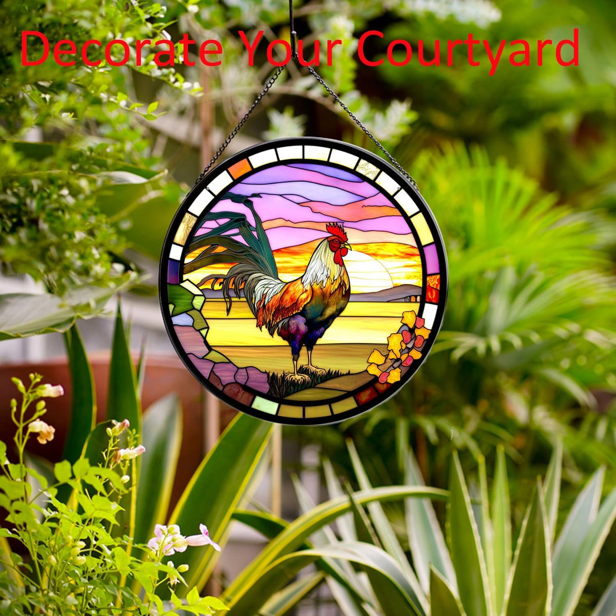 Rooster Hanging Stained Glass Sun Catcher,20cm/7.87inch Hand-Painted Sun Catcher Garden Hangings