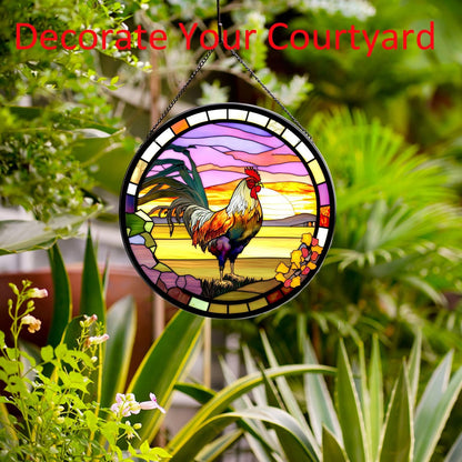 Rooster Hanging Stained Glass Sun Catcher,20cm/7.87inch Hand-Painted Sun Catcher Garden Hangings