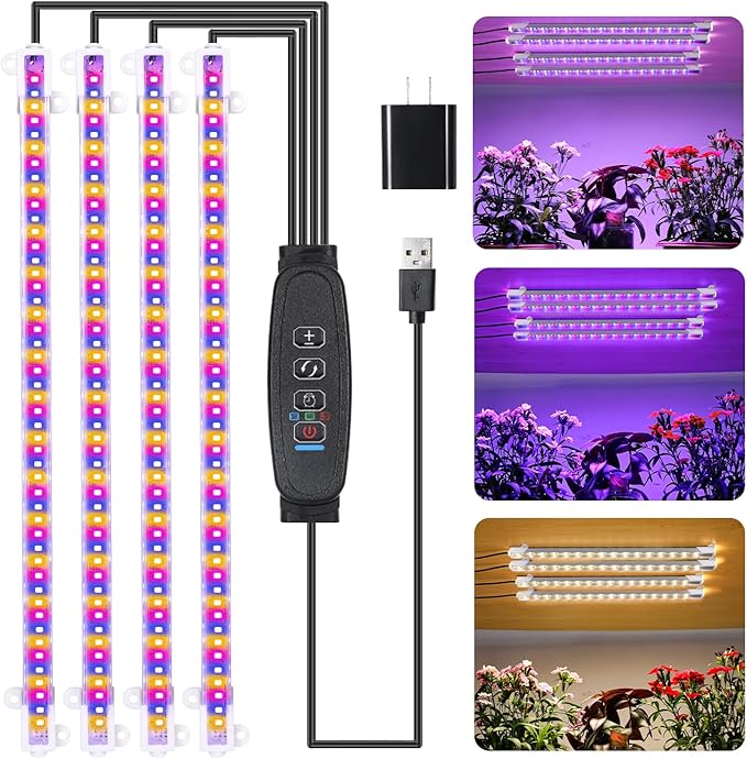 Four Strip Growing Lamp for Indoor Plants, Red & Blue & Yellow Full Spectrum LED Grow Light Strips