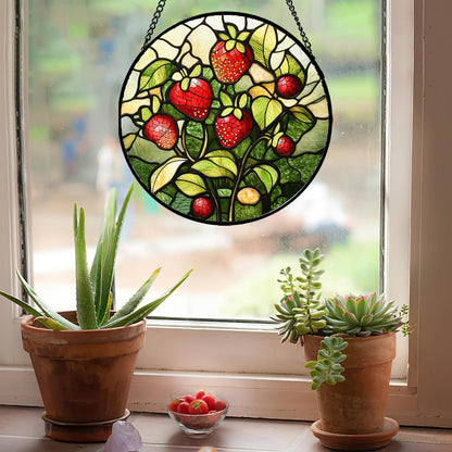 Stained Glass Window Hanging - Red Strawberry Suncatcher for Doors Window Home Green Plant Sun